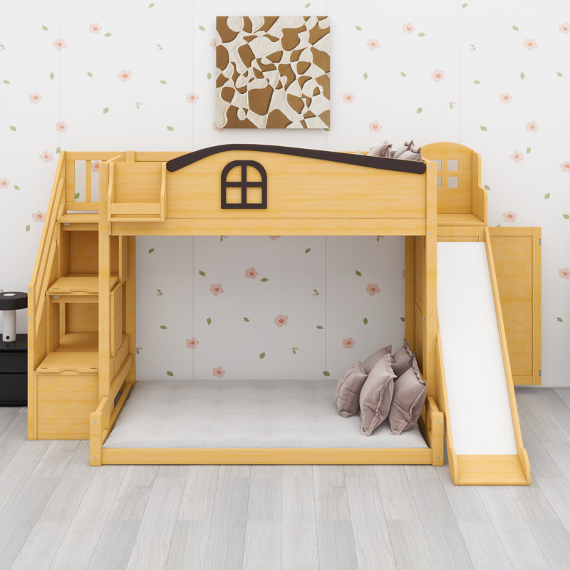 Lit superposé avec escalier de rangement intégré, glissade, garde-robe intégrée et tablettes, Naturel