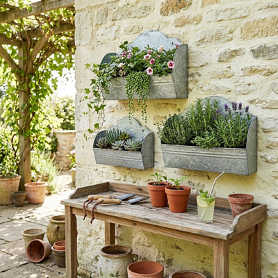 Ensemble de 3 pots de fleurs muraux galvanisés