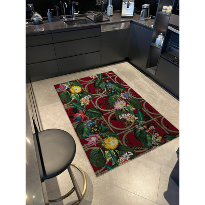Red-Themed Multi-Colored Floral Vine Patterned Modern Decorative Rug