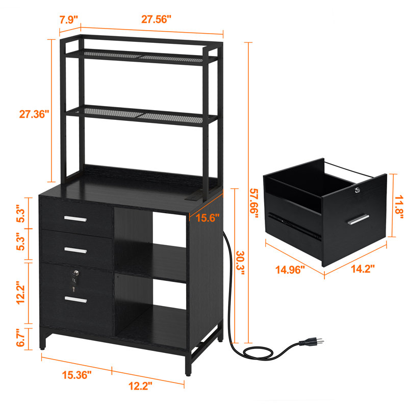 Livofloral 3 Drawer File Cabinet with Charging Station and Bookshelf for Home Office fits Letter/A4, Black