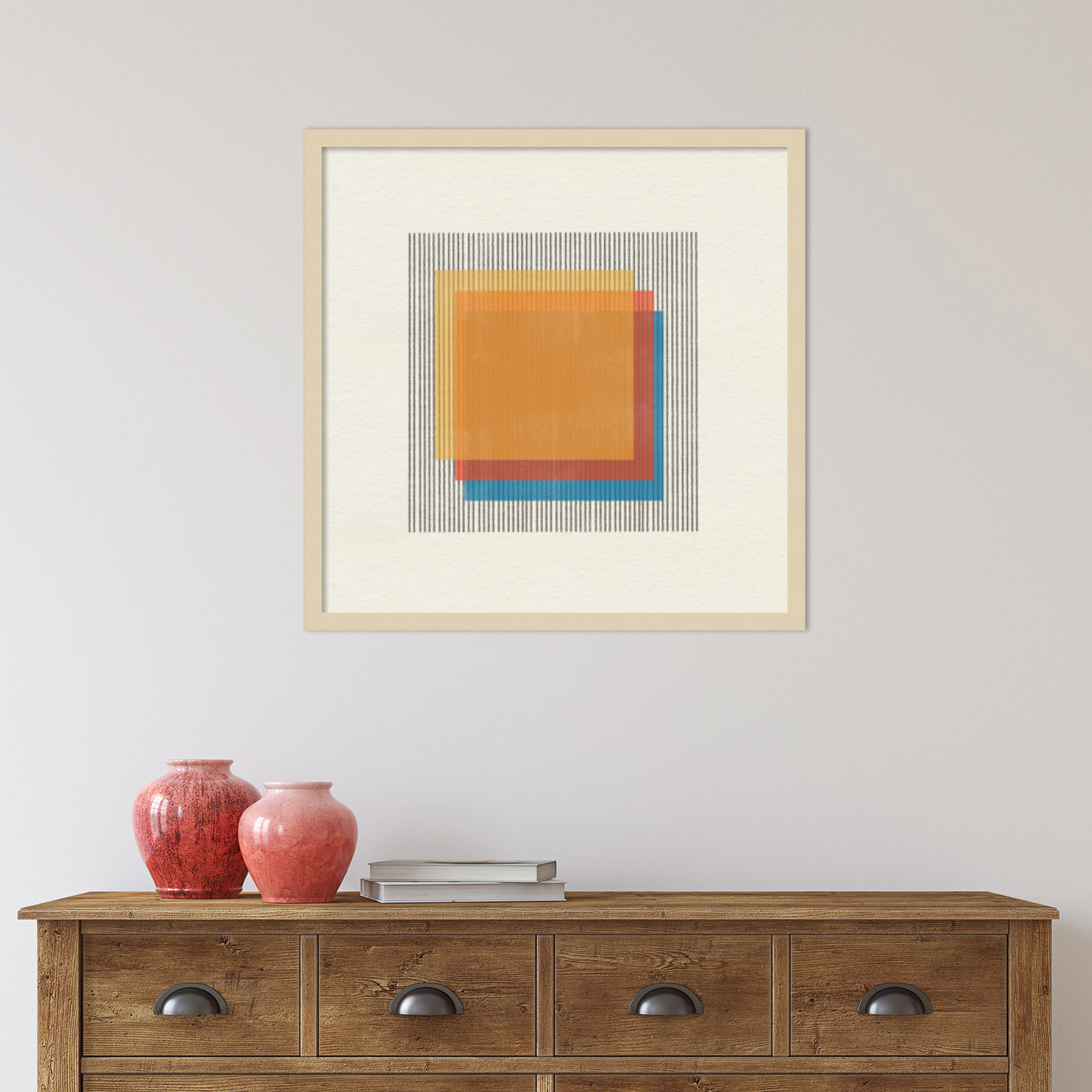 Midcentury Modern Squares No 1 Print, Brown Framed, 25" H x 25" W x 1" D