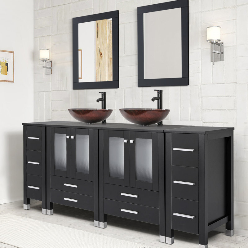 72" Double Bathroom Vanity with Glass Vessel Sink, Plywood Top, Solid Wood Legs, Painted Surface, Black, Brown