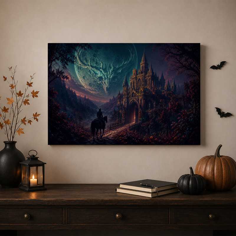 Château gothique sombre sous une lune en forme de crâne avec cavalier sur une toile murale d'Halloween, H 18 po x l 24 po