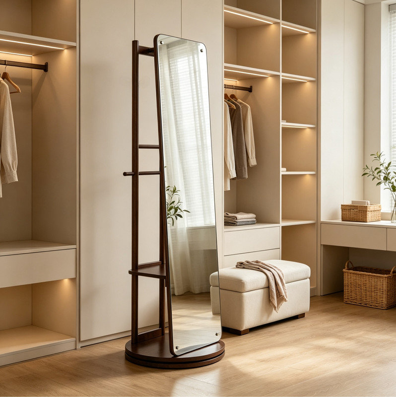 Porte-miroir pivotant à 360 degrés en bois massif avec rangement pour vêtements, idéal pour l'organisation de la maison