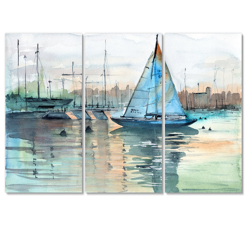 Un voilier dans une marina avec des voiliers - Reproduction d'art nautique et côtière sur toile, H 28 po x l 36 po x P 1 po