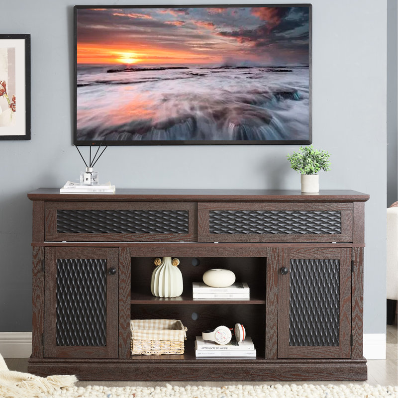 Meuble audio-vidéo à motif, cerisier foncé, l 58,28 po x P 15,45 po, H 31,7 po, pour téléviseur de 65 po, rangement spacieux avec sections ouvertes et fermées, porte coulissante, meuble télé pour instruments de gestion des câbles, arrangement spacieux