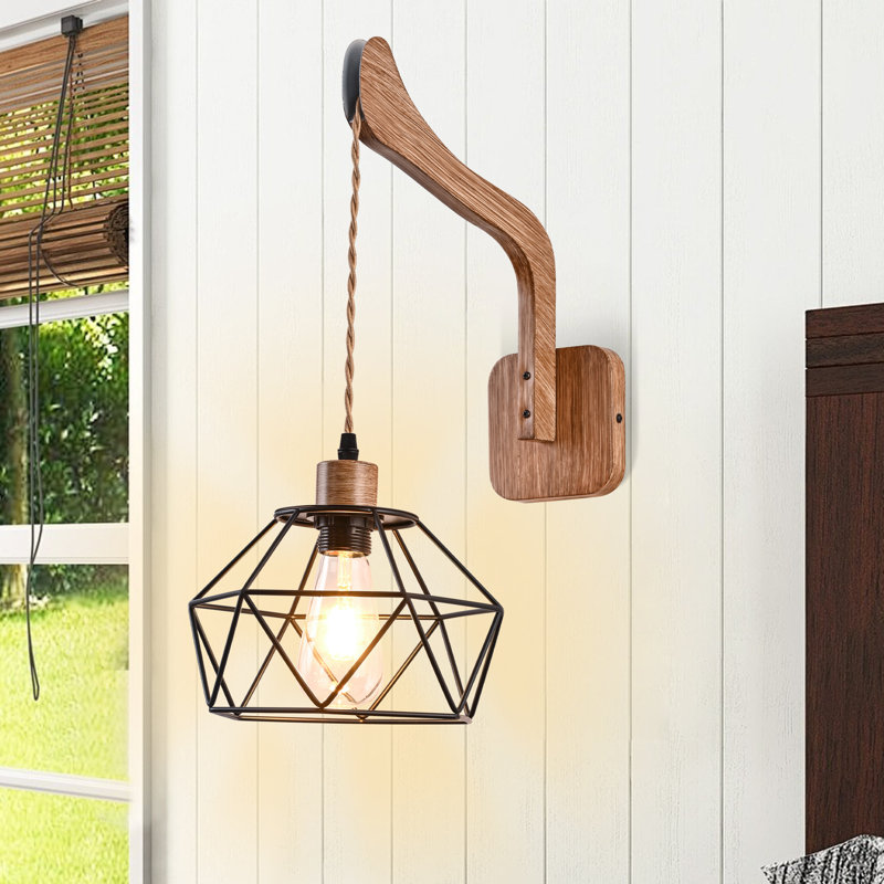 9" Modern Wall Light with Matte Black Caged Shade, Beige Rope