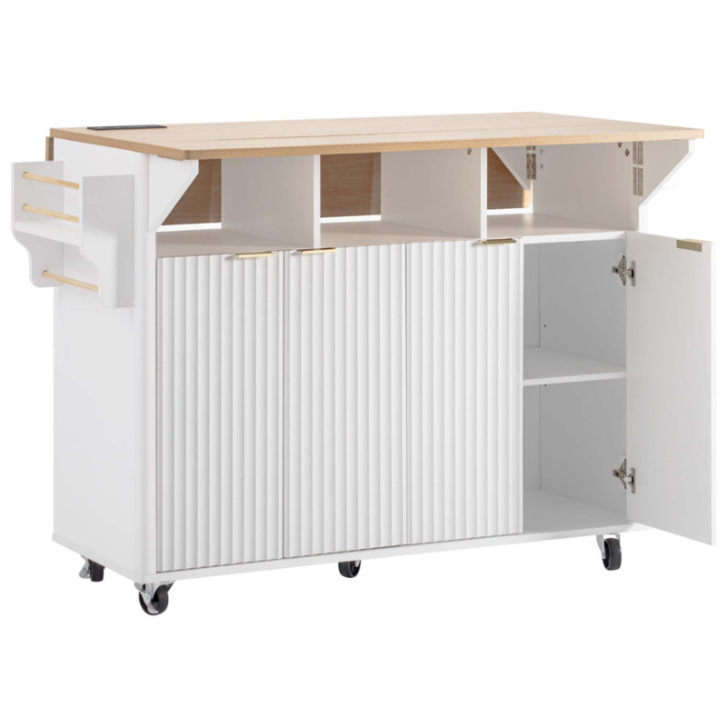 Îlot de cuisine cannelé 55,5 po avec 2 abattants, chariot de rangement de cuisine avec prise de courant