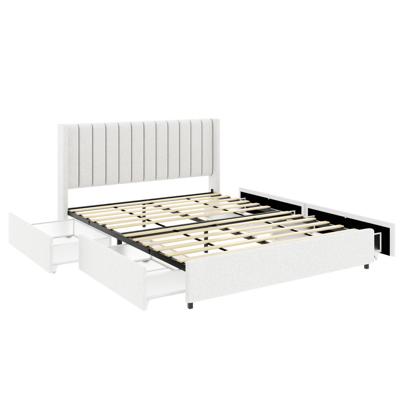 Boucle Upholstered Platform Bed with Wingback Headboard and Drawer Storage, Queen, Ivory, 4 Drawers