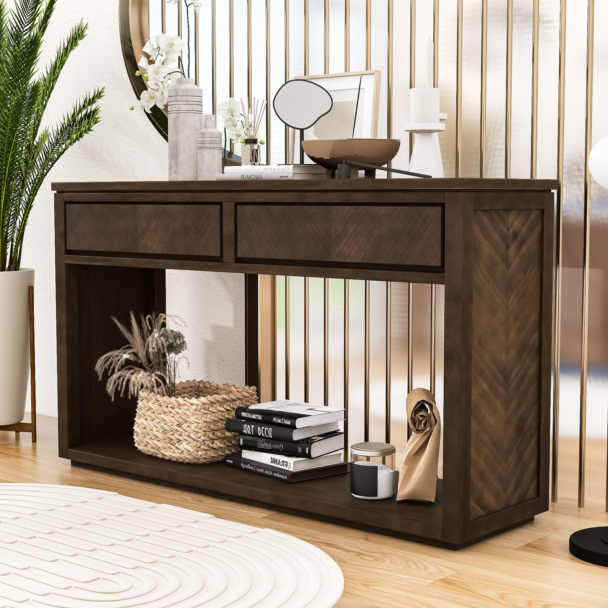 Millwood Pines Elegant Wood Chevron Pattern Console Table with Storage ...