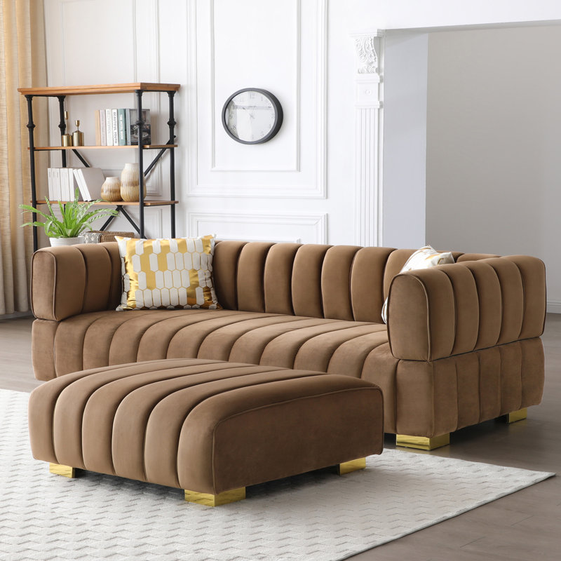 Luna, Channel-Back Velvet Sofa with Ottoman, Brown