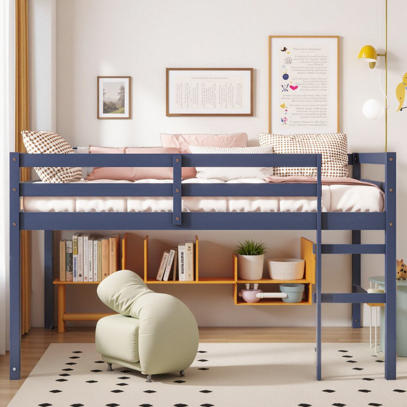 Lit mezzanine pour enfants avec échelle et garde-corps de sécurité pour enfants, Bleu