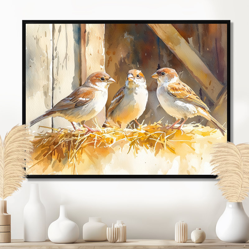 Sparrows Bird In The Barnyard I - oiseau, art mural, H 24 po x l 32 po, Cadre flottant, Noir