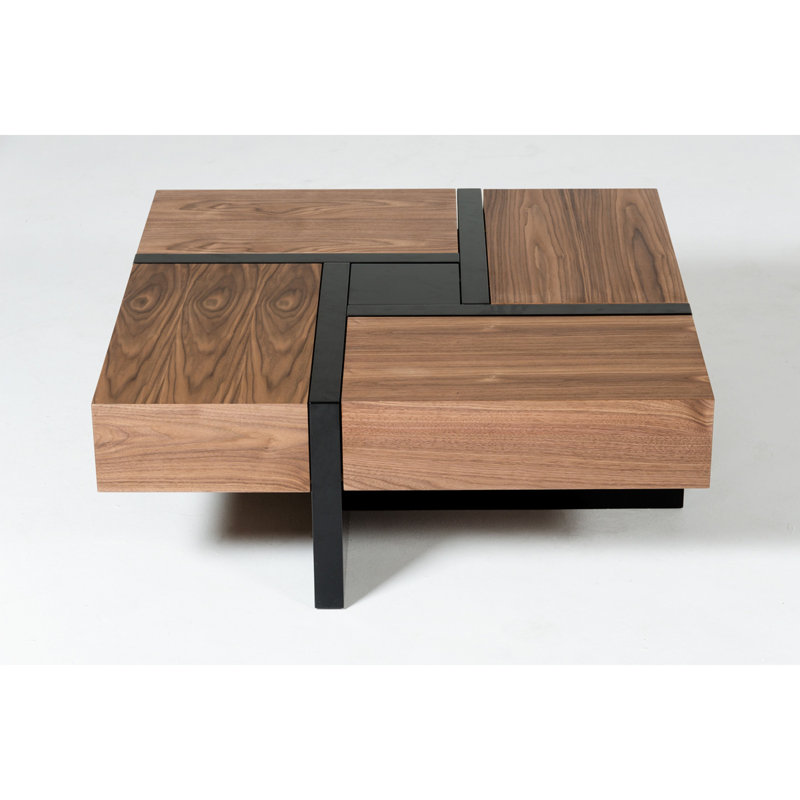 Table basse 39 po, 4 tiroirs, conception de casse-tête, brun, finition noire