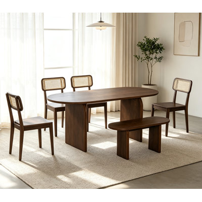 6 Piece Dining Table Set with Bench,Oval Kitchen Table Chairs Set for 6, Modern Style Dining Room Set,Brown
