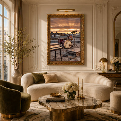 «Drum Kit and clavier sur le toit au coucher du soleil», art mural