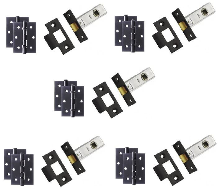  5 Sets Door Ball Bearing Hinges 3" in Black and Tubular Latch with Plate and Fixings