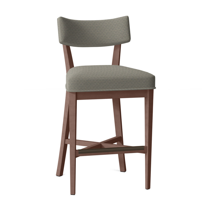 Juliet Upholstered Stool with Solid Wood Frame, Walnut, Perigold Piccadilly Stripe Ash, Bar Stool (29.5" Seat Height)