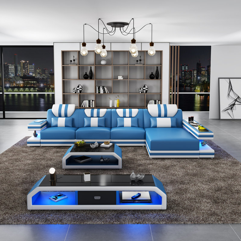 Lightspeed Upholstered L-Shaped Sectional, Right Hand Facing, Blue/White Genuine Leather