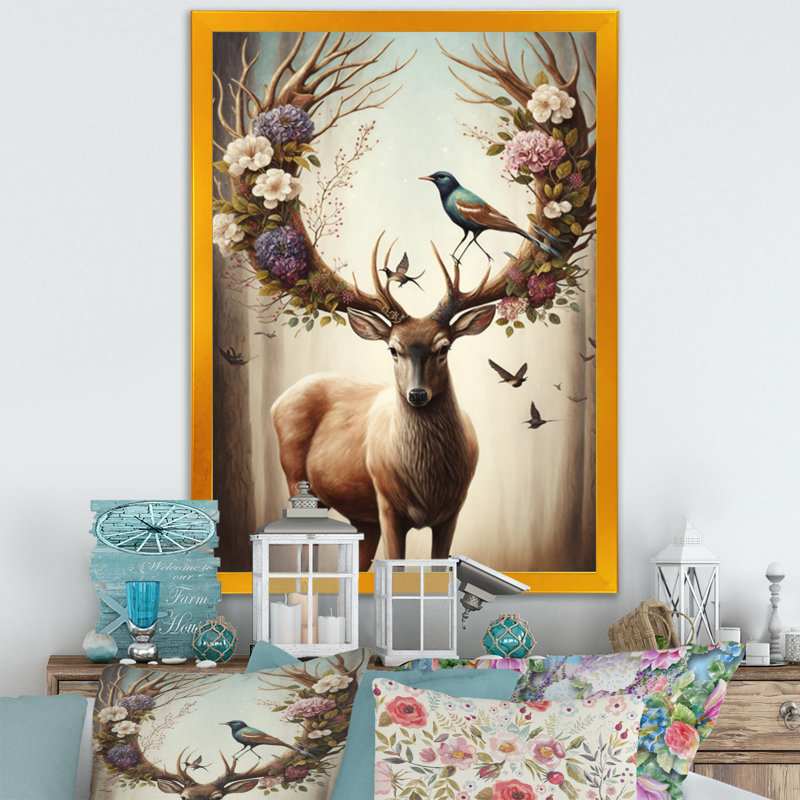 «Deer With Blooming Antler I», impression sur toile encadrée, H 44 po x l 34 po, Cadre doré