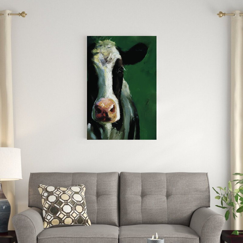 Vache sur fond vert - reproduction d'art sur toile tendue, H 36 po x l 24 po