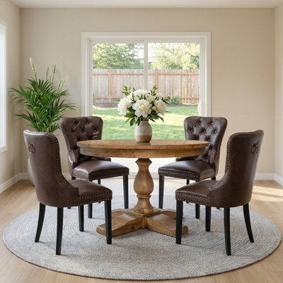 5-Piece Dining Set Mid-Century Modern Round Wooden Table & Upholstered Chair Set For Home, Kitchen, Dining Room