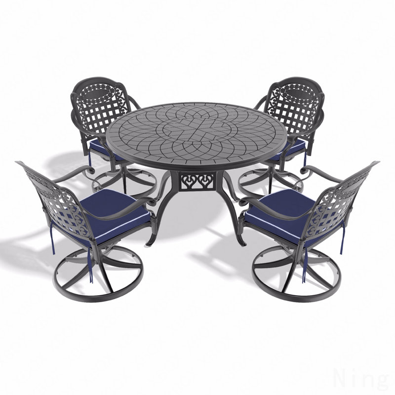 Ensemble de salle à manger 5 pièces en aluminium coulé résistant aux intempéries, comprenant 4 chaises pivotantes et une table ronde de 47,24 po avec structure noire
