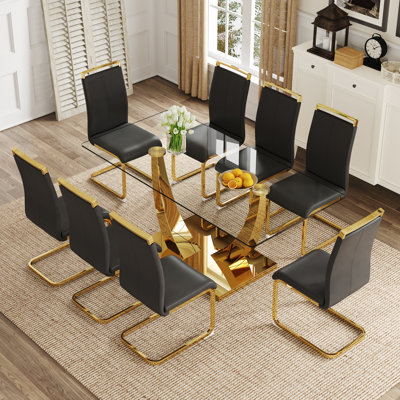 Dashon Modern Rectangular Glass Dining Table Set with Gold Stainless Steel Base
