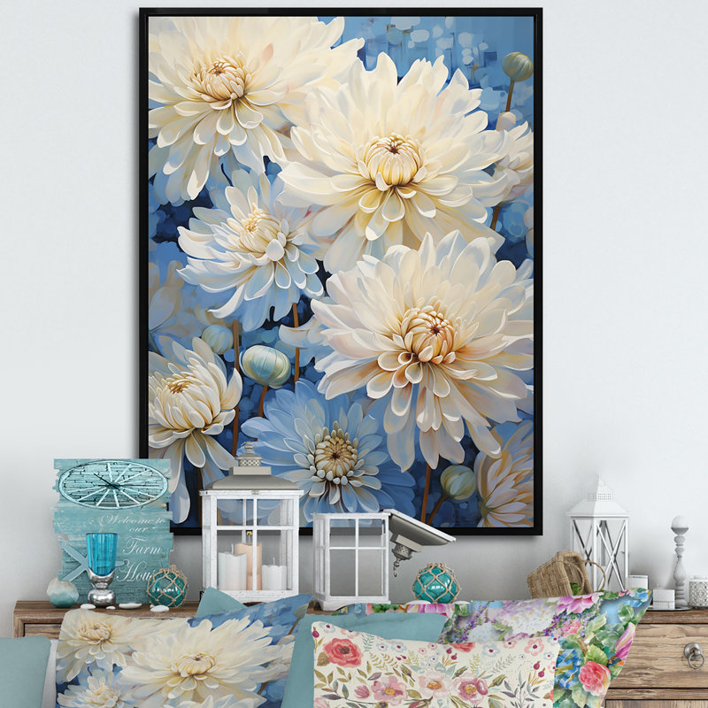 «Blue and White Mums Flowers Elegance IV», reproduction sur toile, H 32 po x l 16 po x P 1 po, Cadre flottant noir