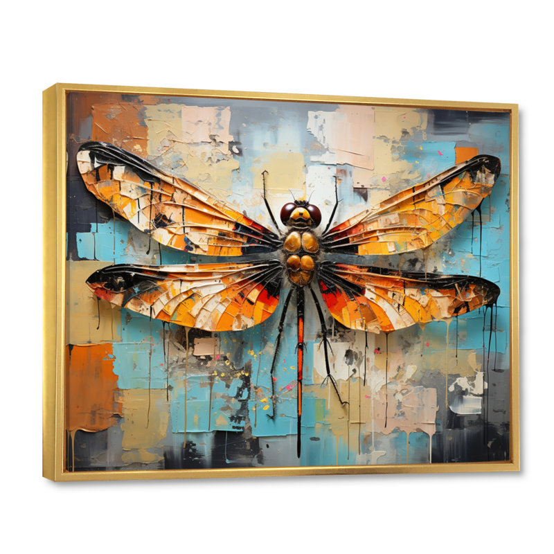 «Orange Dragonfly Insectes Flight Collage I», reproduction sur toile, Cadre flottant doré, H 30 po x l 40 po x P 1,5 po