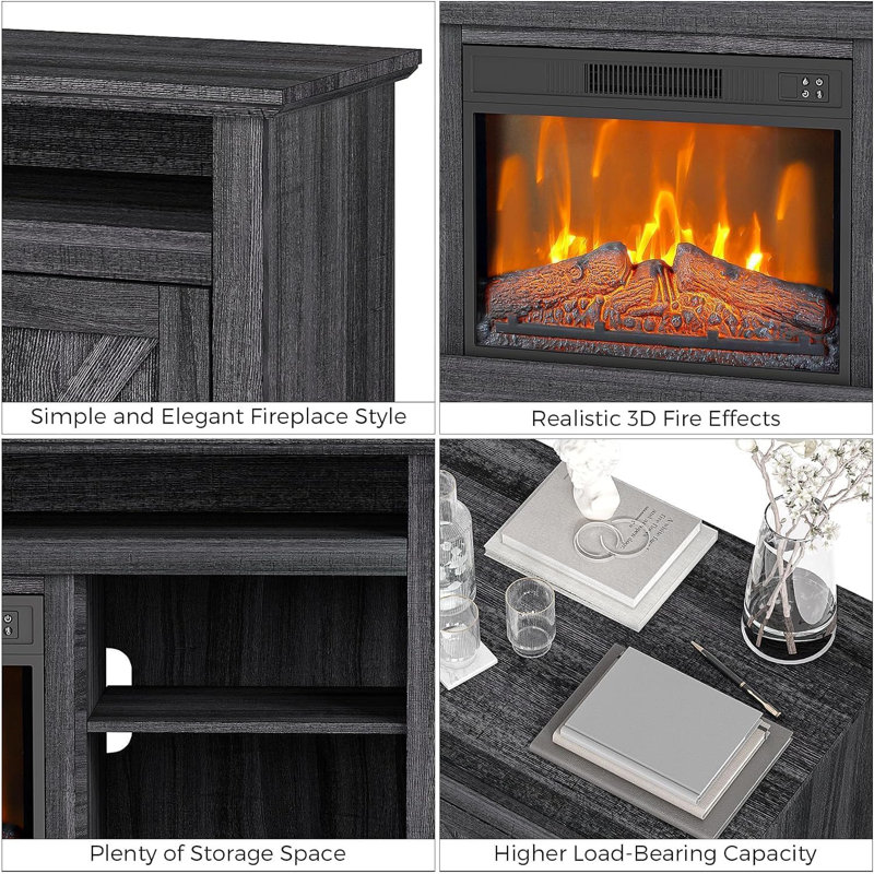 Black Farmhouse MDF and Metal TV Stand with Fireplace