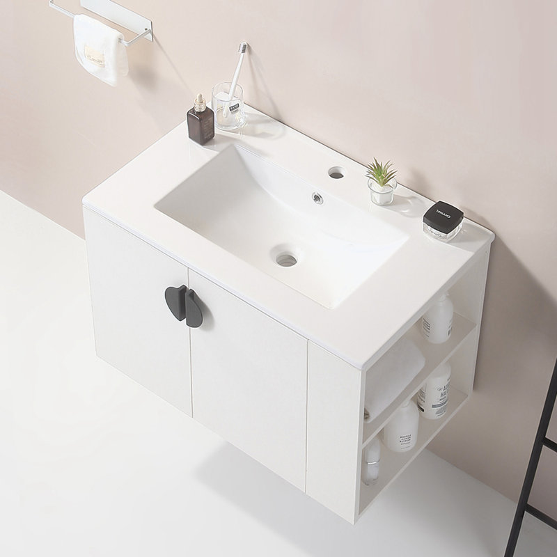 Meuble-lavabo mural avec deux portes et une tablette de rangement ouverte à droite, Blanc