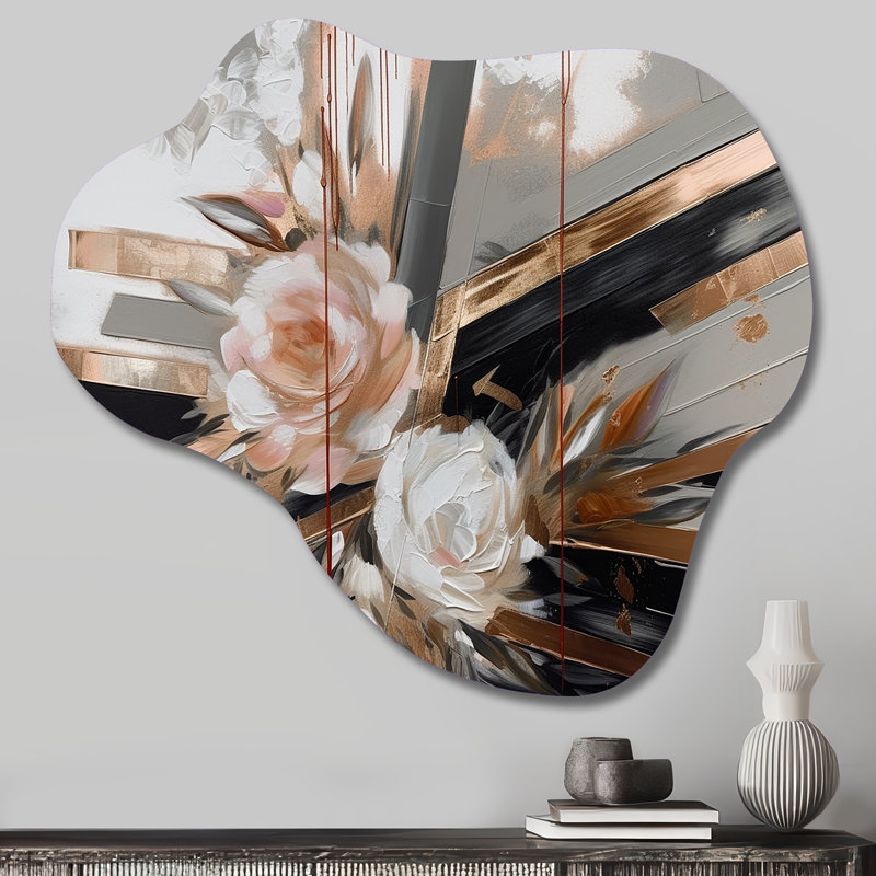 «Rose Gold Linear Floral Elegance III», art floral asymétrique en métal, sculpture murale en métal de forme unique