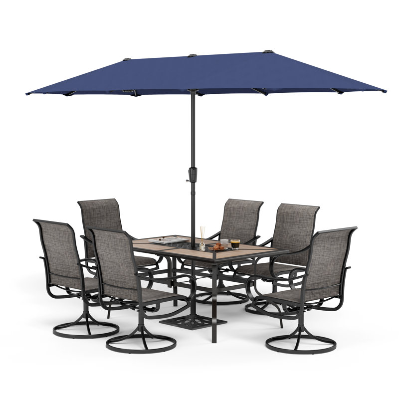 8 ensembles de salle à manger d'extérieur avec parasol 8 pièces, Brun, Bleu
