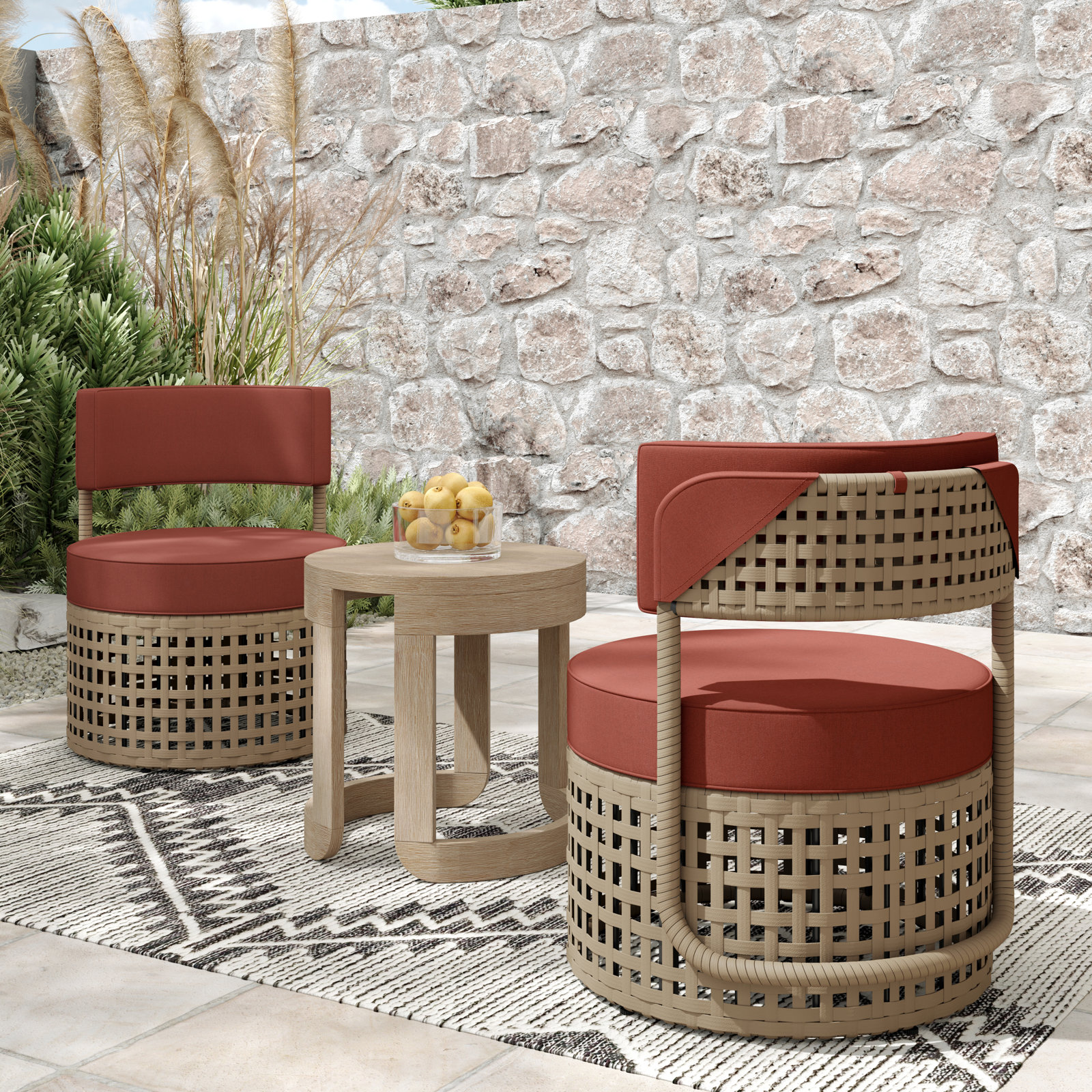 Cateline 2 - Person Seating Group with Cushions, Brown Frame/Sunbrella Canvas Henna Cushion
