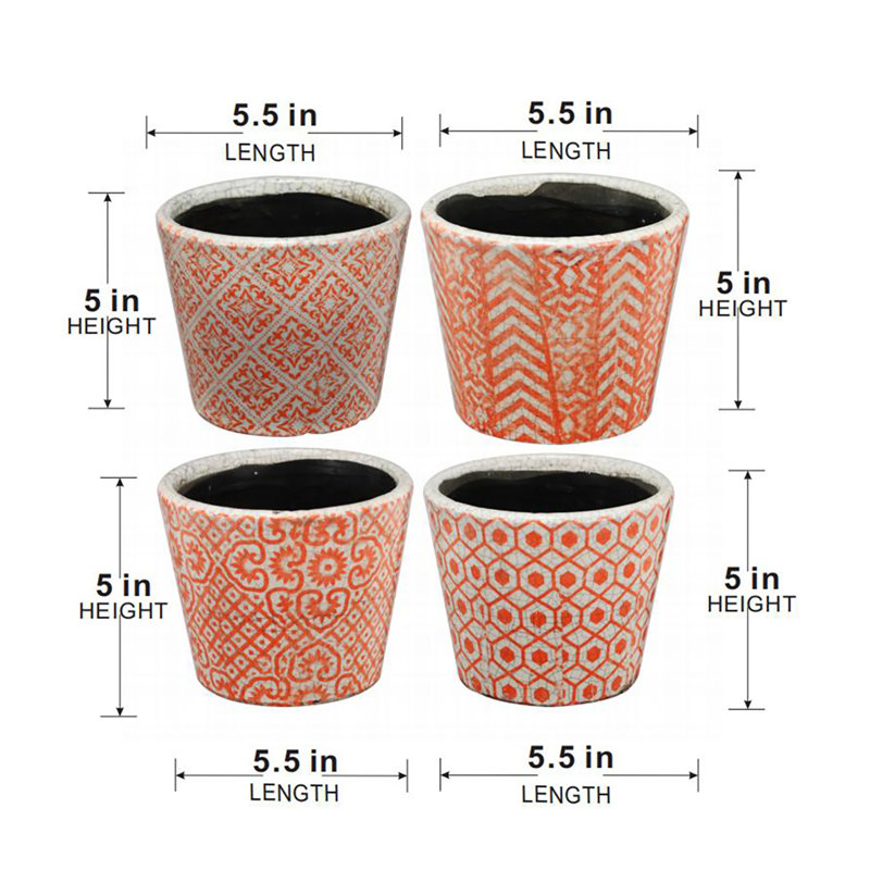 Ensemble de 4 pots à fleurs en terre cuite orange et blanc avec motifs géométriques, pots de plantes bohémiens, pour plantes grasses, herbes et verdure, 5 po x 5 po