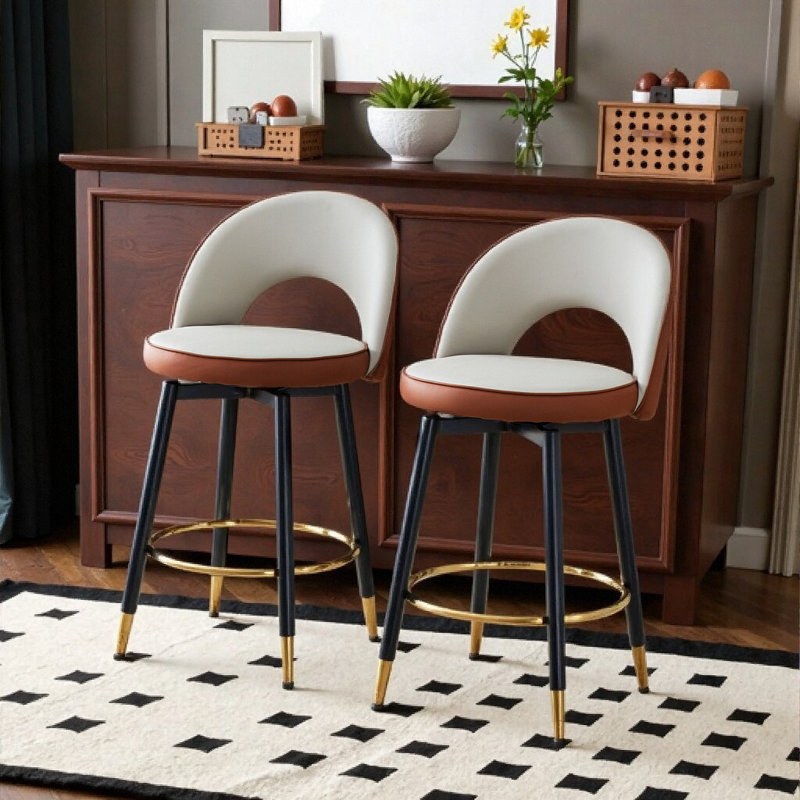 Modern 360Â° Rotatable PU Upholstered Bar Stool Set of 2 with Metal Legs, White/Brown