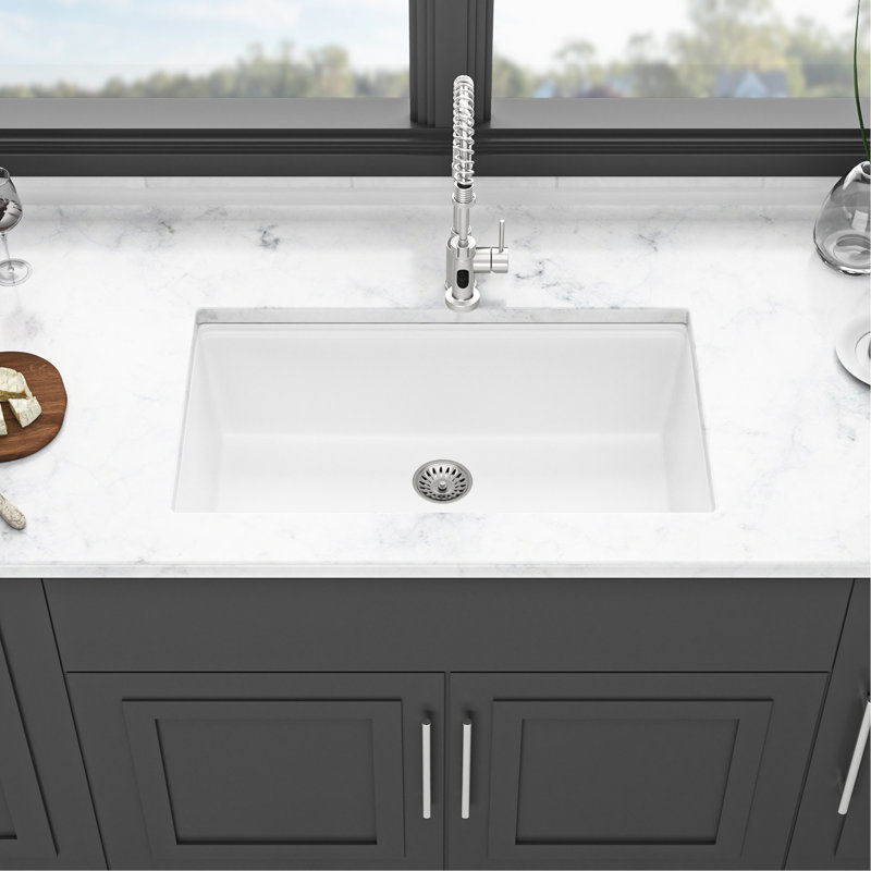 Quartz Kitchen Sink 32X19" White - Advanced Material, Long-Lasting Workstation 32"X19" Granite Look, Smooth Surface, Noise-Reducing Undermount
