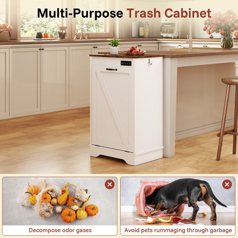 Tilt Out Trash Can Cabinet with Ozone Deodorizing for Kitchen,  10 Gal Free Standing Hideaway Trash Holder, White