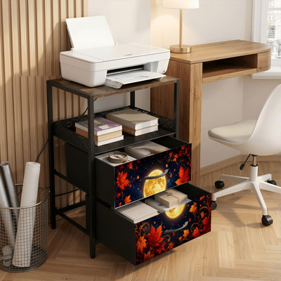 Table de chevet 2 tiroirs avec station de charge, table de chevet de chambre à coucher avec ports USB, tablette ouverte noire, table de chevet avec feuilles d'érable d'automne pleine lune dorée, nuit étoilée, fantaisie, impression naturelle