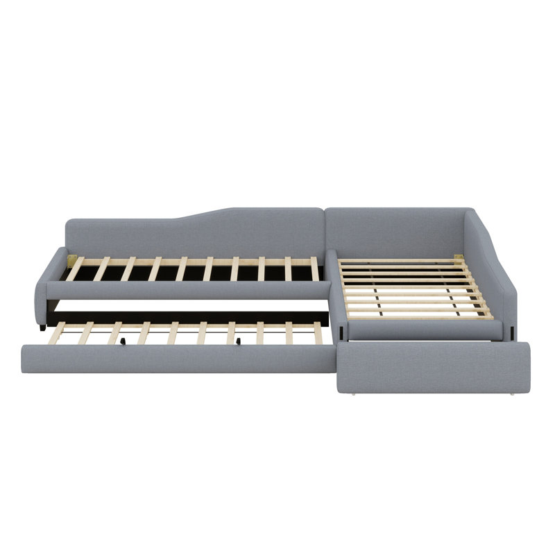 Upholstered Double Daybed With Trundle And Drawer, Gray