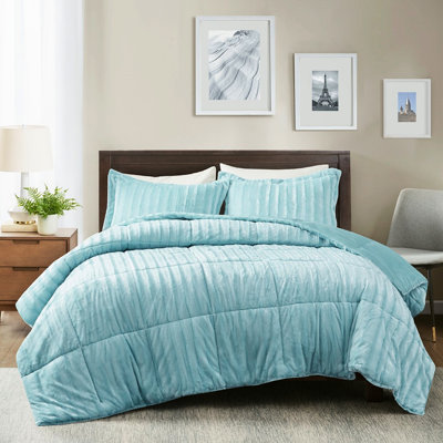 Édredon en fausse fourrure bleu sarcelle pour grand lit, élégant avec coussins double / grand bleu, 2 taies décoratives douillettes