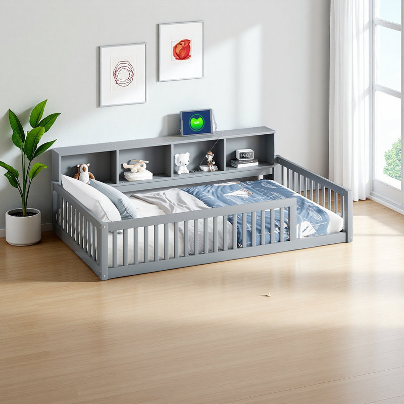 Lit en bois simple TG avec armoires de rangement et ports USB, Gris