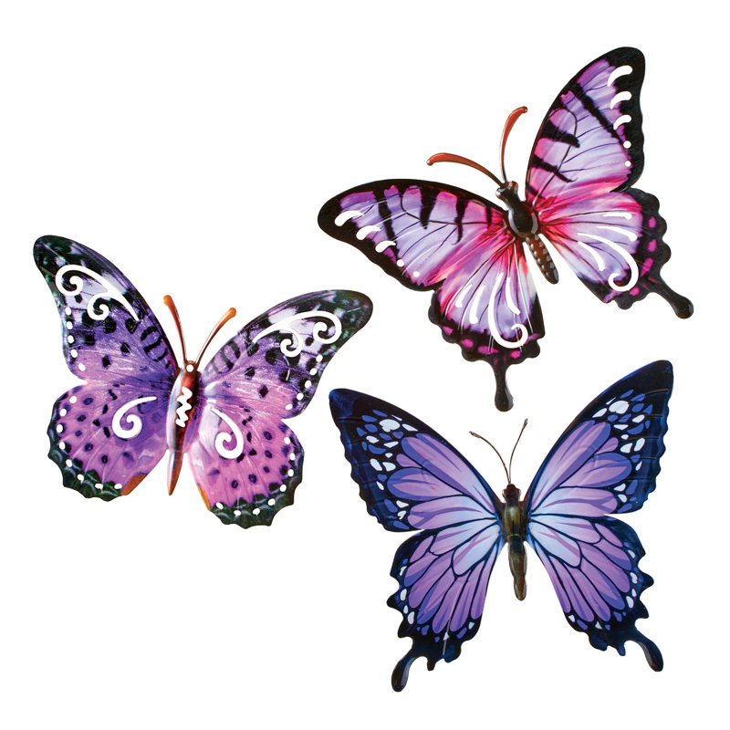 Set of 3 Pink and Purple Iron Butterfly Wall Art Decor