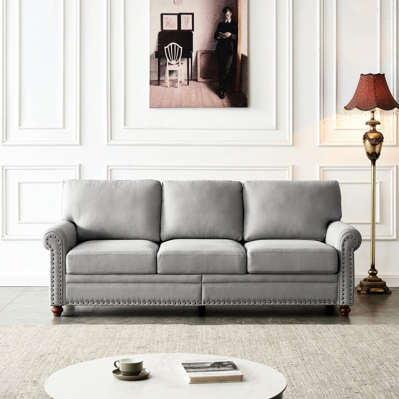 Rangement à pieds en bois massif avec revêtement gris et boîte en tissu de lin confortable