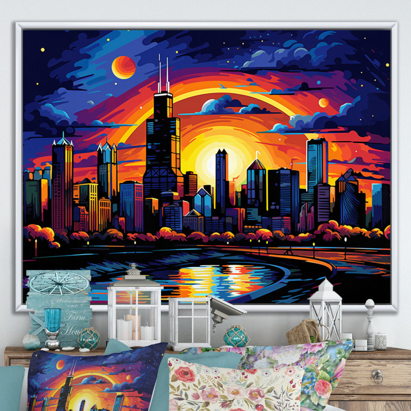 Chicago Popart I sur impression sur toile, H 30 po x l 40 po x P 1,5 po, Cadre flottant blanc