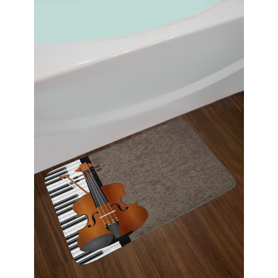 Digitally Illustrated Piano and Violin Instruments Orchetstra on Grunge Background Bath Rug