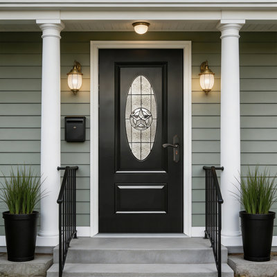 36"x80" Fiberglass Front Door with 4-9/16" PVC Frame, Exterior Door with Brickmould, Brushed Smooth Skin & Oval Decorated Glass for Home Entrance