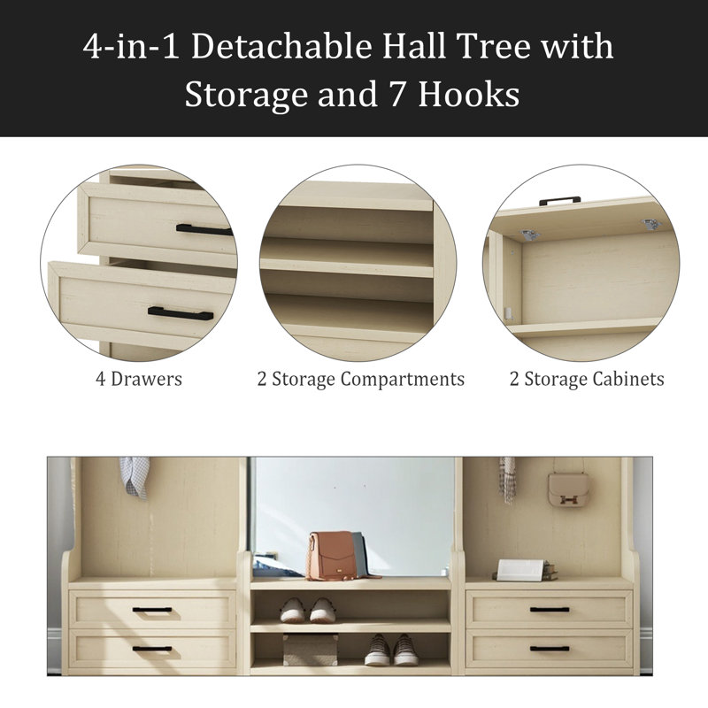 4-In-1 Detachable Hall Tree With Storage And 7 Hooks, Multiple Functions Hallway Coat Rack With Storage Drawers And Cabinet, Antique Shoe Bench For Entryway Hallway