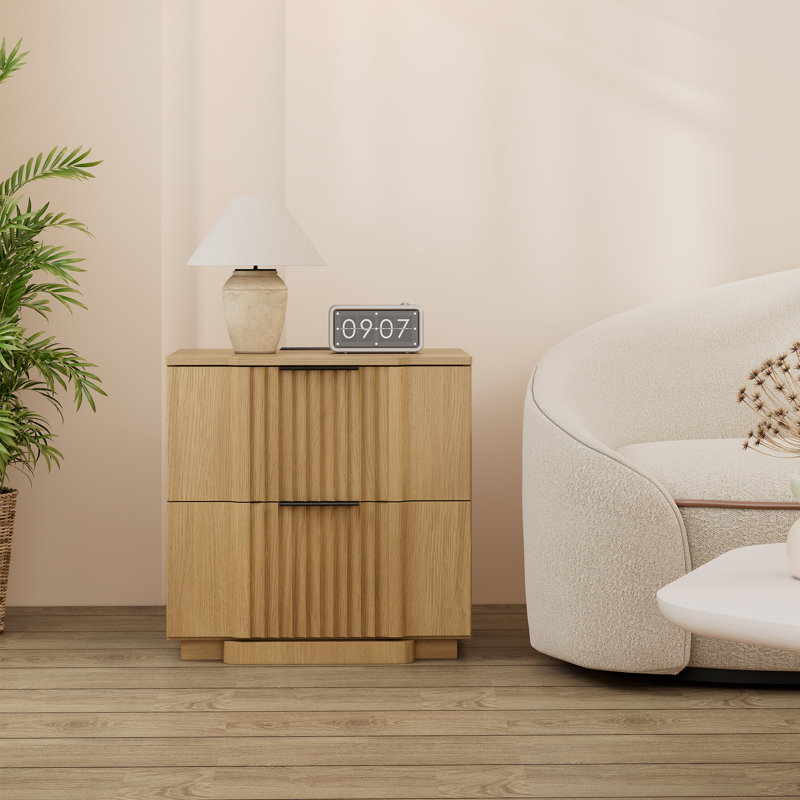 Designer Modern Minimalist Style 2-drawer Fluted Panel Nightstand With Charging Station, Brown